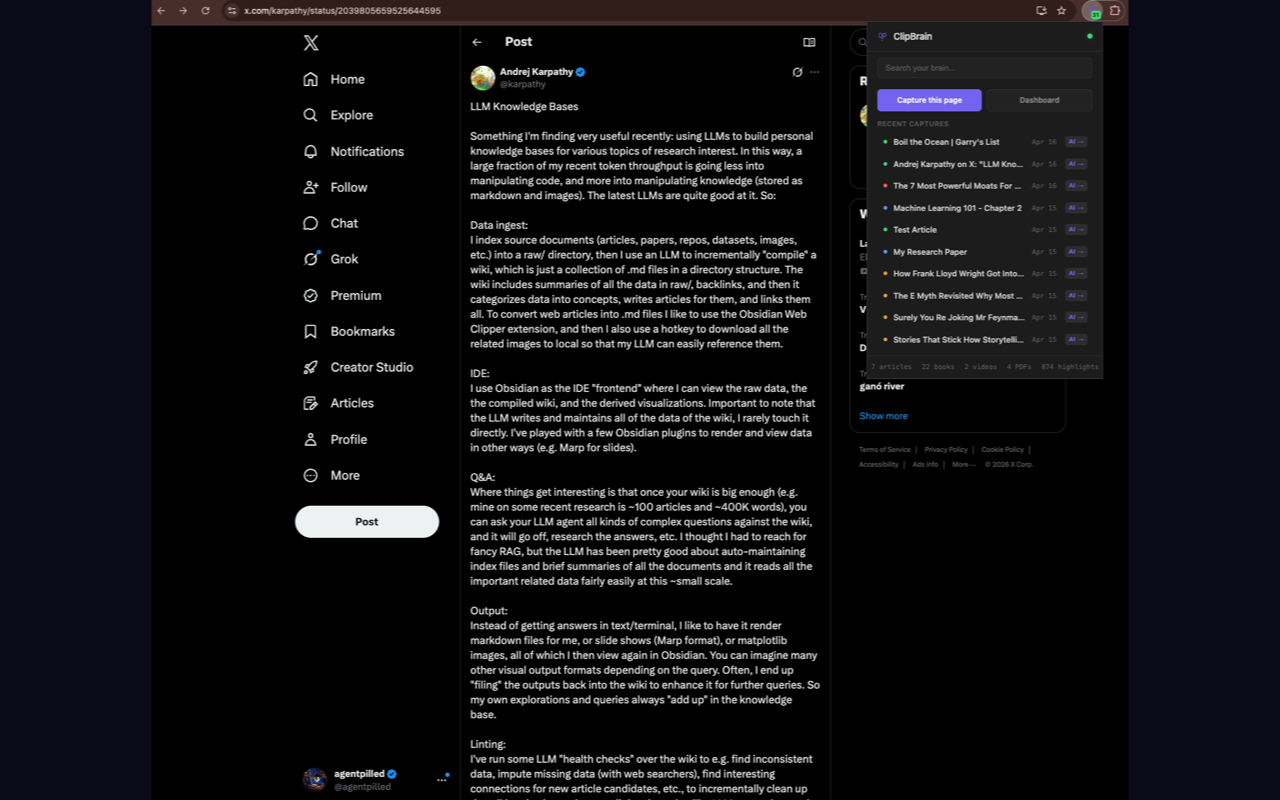 Chrome extension popup capturing an X post into ClipBrain
