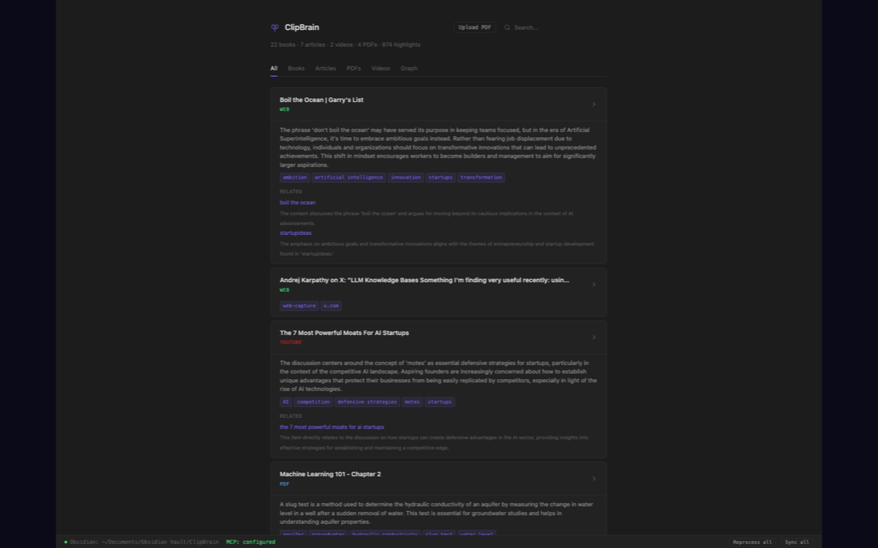 ClipBrain dashboard showing saved captures, tags, summaries, and source types
