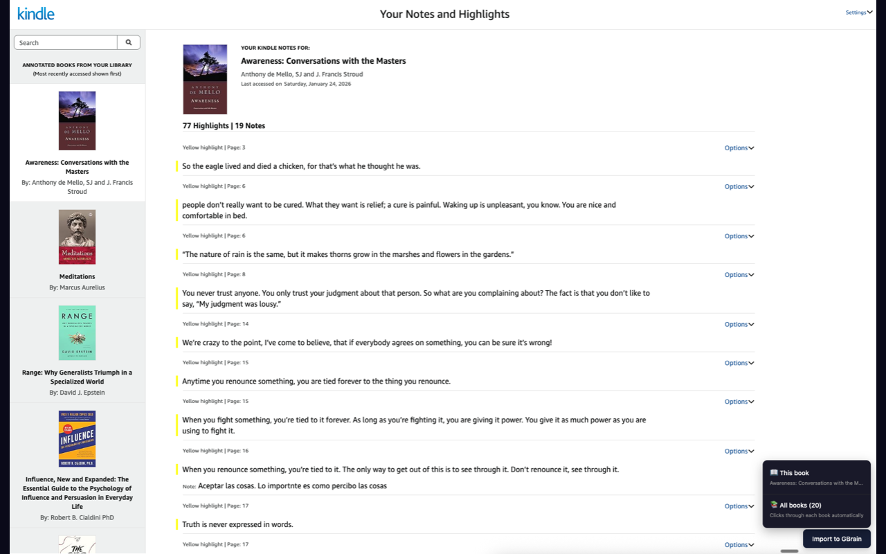 Kindle notebook page with imported highlights and the ClipBrain import control